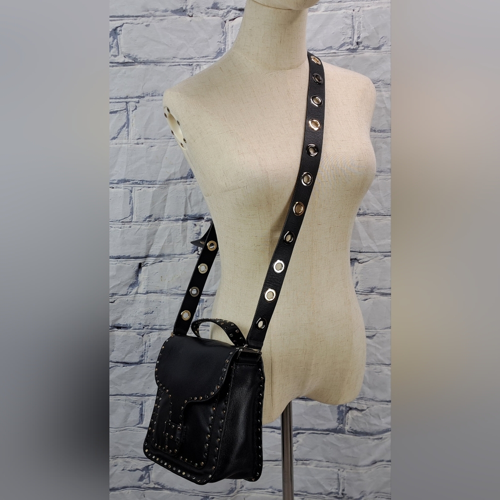 Rebecca Minkoff Midnighter Black Leather Crossbody Messenger Bag Metal Studs - Picture 2 of 15